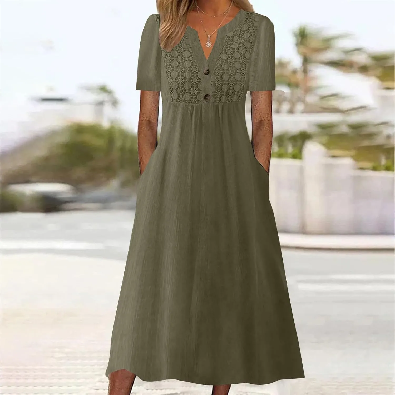 Women's Boho Button Down Lace Floral Dress Fashion Summer Short Sleeve Sexy V Neck Midi Trendy Casual Elegant Dresses