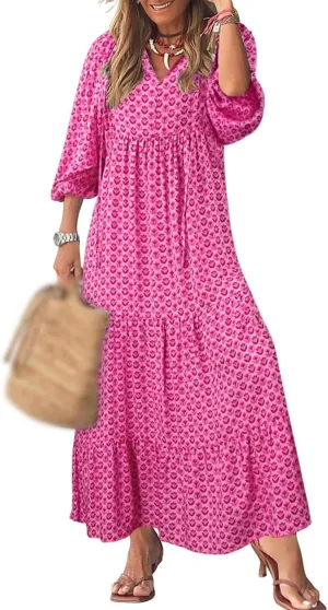 Womens Boho Dress Summer Casual Tie Front Deep V Neck A Line Midi Dress Floral Flowy Swing Long Beach Dresses