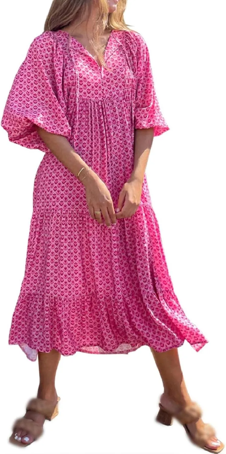 Womens Boho Dress Summer Casual Tie Front Deep V Neck A Line Midi Dress Floral Flowy Swing Long Beach Dresses