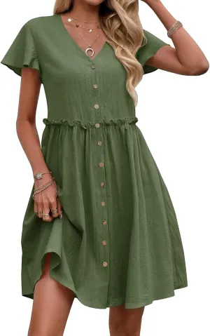 Womens Boho Dresses Ruffle Short Sleeve V Neck Mini Dresses Casual Button Up A Line Dress 2025 Summer Beach Dress