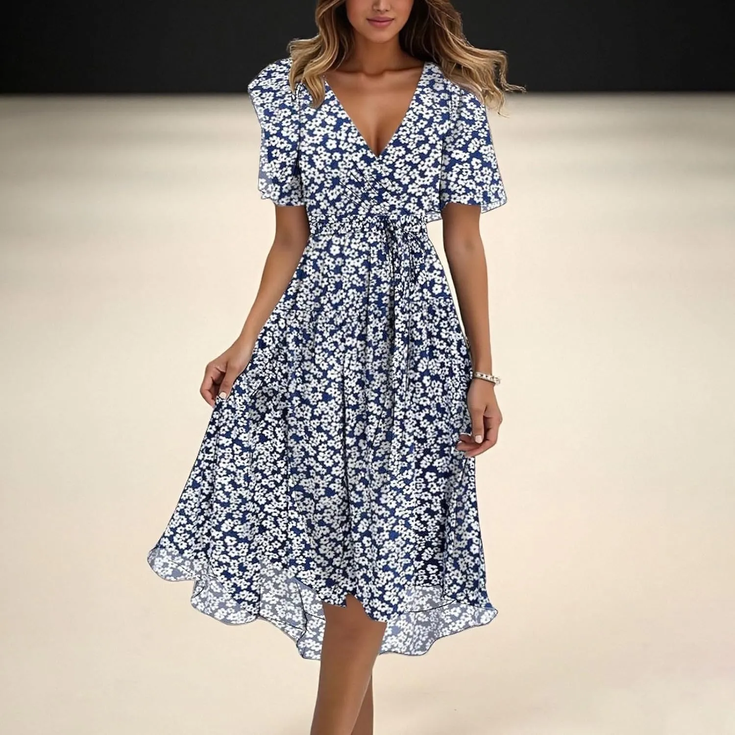 Womens Boho Floral Printed Chiffon Dresses 2025 Elegant V Neck Short Sleeve Belted Summer Wedding Prom Midi Dress