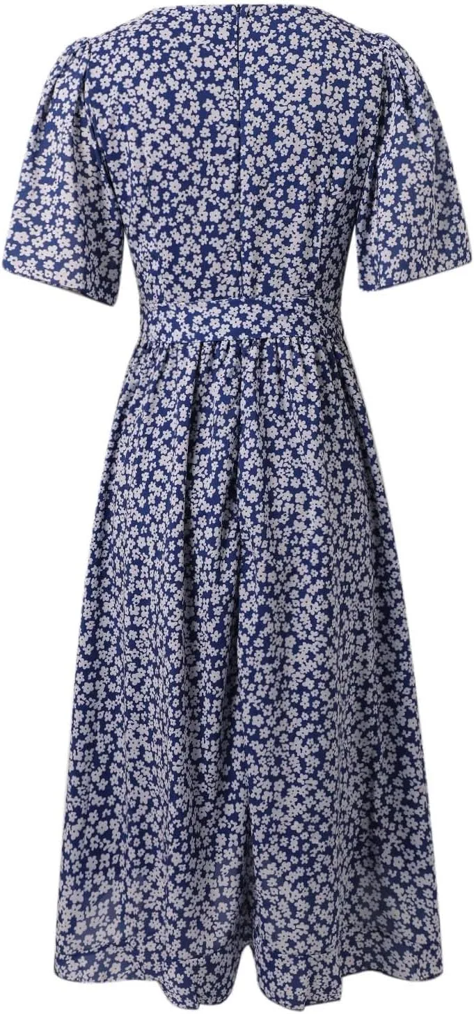 Womens Boho Floral Printed Chiffon Dresses 2025 Elegant V Neck Short Sleeve Belted Summer Wedding Prom Midi Dress