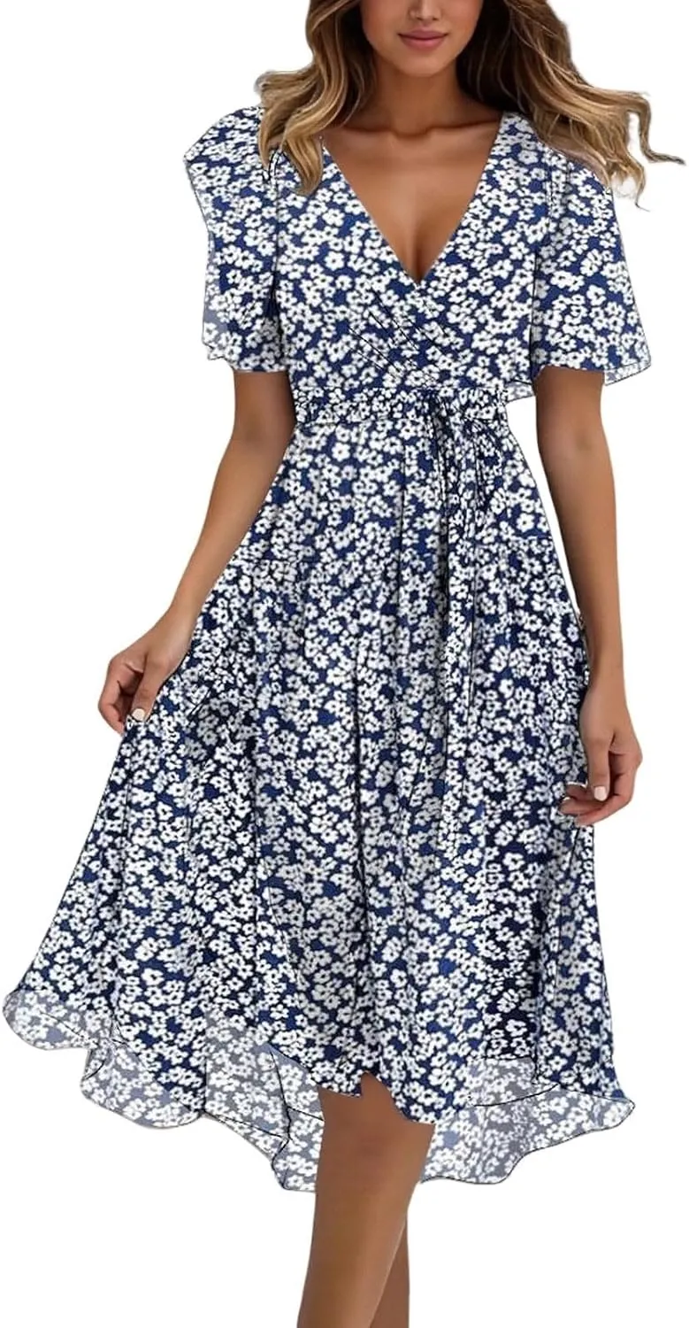 Womens Boho Floral Printed Chiffon Dresses 2025 Elegant V Neck Short Sleeve Belted Summer Wedding Prom Midi Dress