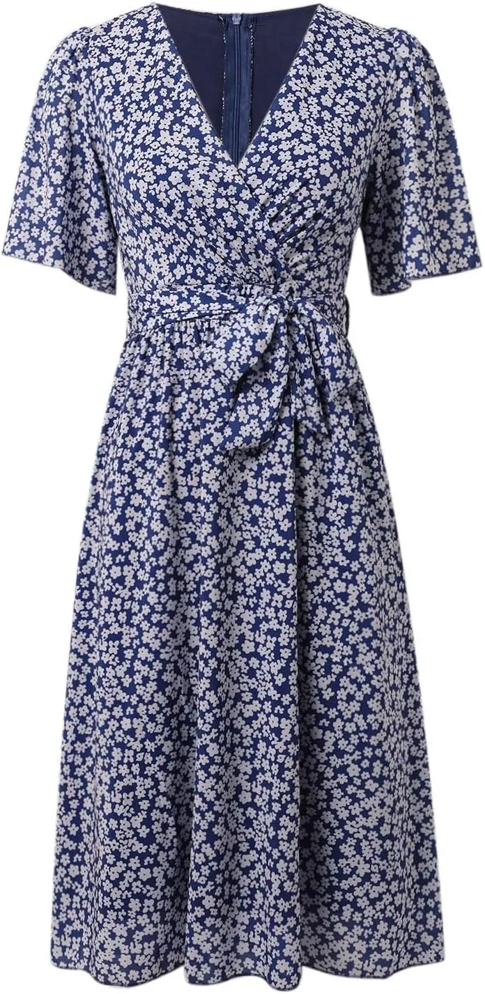 Womens Boho Floral Printed Chiffon Dresses 2025 Elegant V Neck Short Sleeve Belted Summer Wedding Prom Midi Dress
