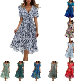 Womens Boho Floral Printed Chiffon Dresses 2025 Elegant V Neck Short Sleeve Belted Summer Wedding Prom Midi Dress