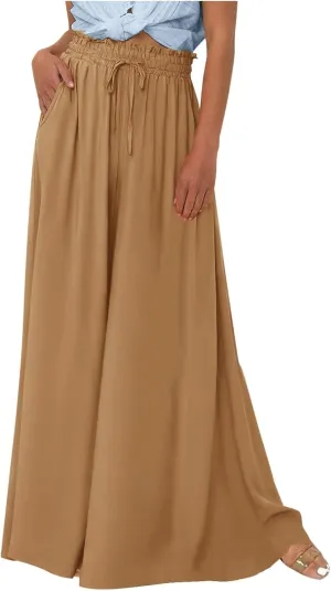 Women's Boho Wide Leg Pants Summer Flowy Casual Beach Floral Printed Palazzo Pants for Women Relaxed Fit Linen Trousers, Medium, #A7-brown