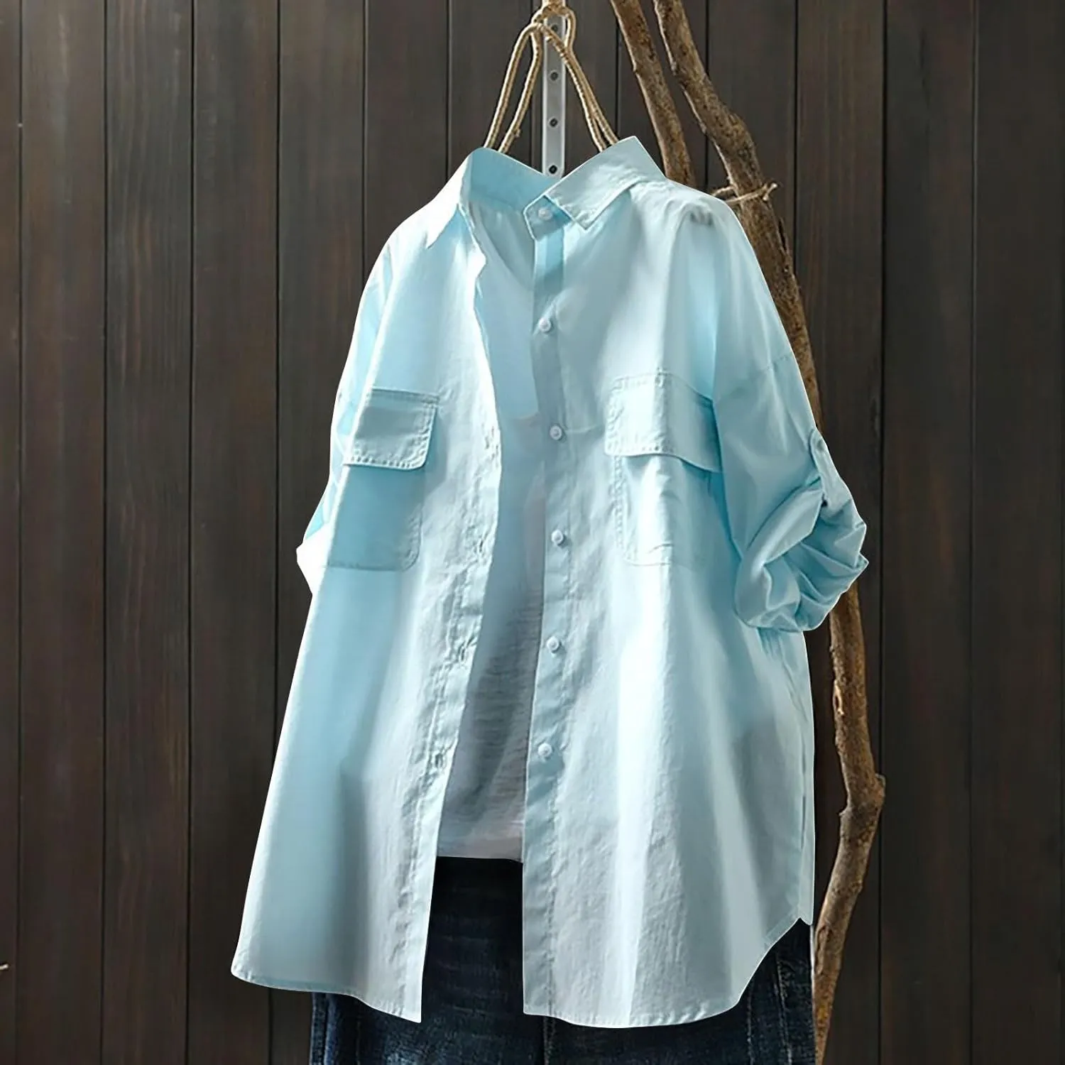 Womens Button Down Shirt Long Sleeve V Neck Dress Shirts Casual Loose Roll Up Work Blouse Tops Classic Shirt Coat