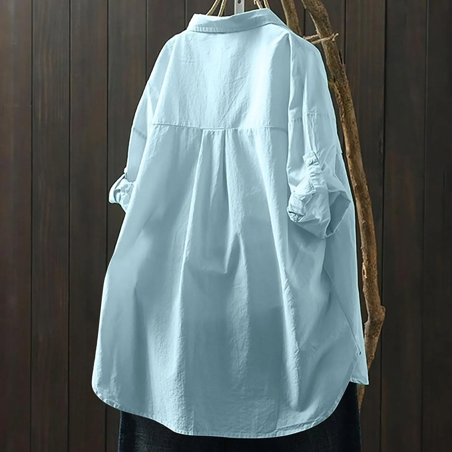 Womens Button Down Shirt Long Sleeve V Neck Dress Shirts Casual Loose Roll Up Work Blouse Tops Classic Shirt Coat