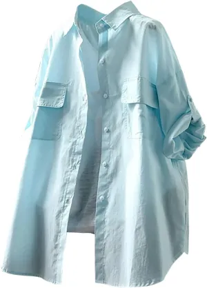 Womens Button Down Shirt Long Sleeve V Neck Dress Shirts Casual Loose Roll Up Work Blouse Tops Classic Shirt Coat