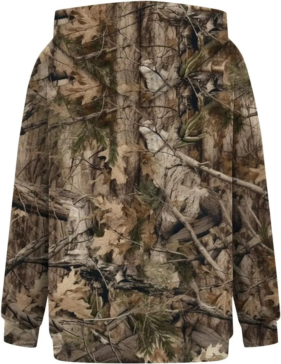 Women's Camo Hoodie Maple-Leaf Print Oversized Sweatshirt Fleece Hooded Sweatshirts with Pocket Classic Pullovers