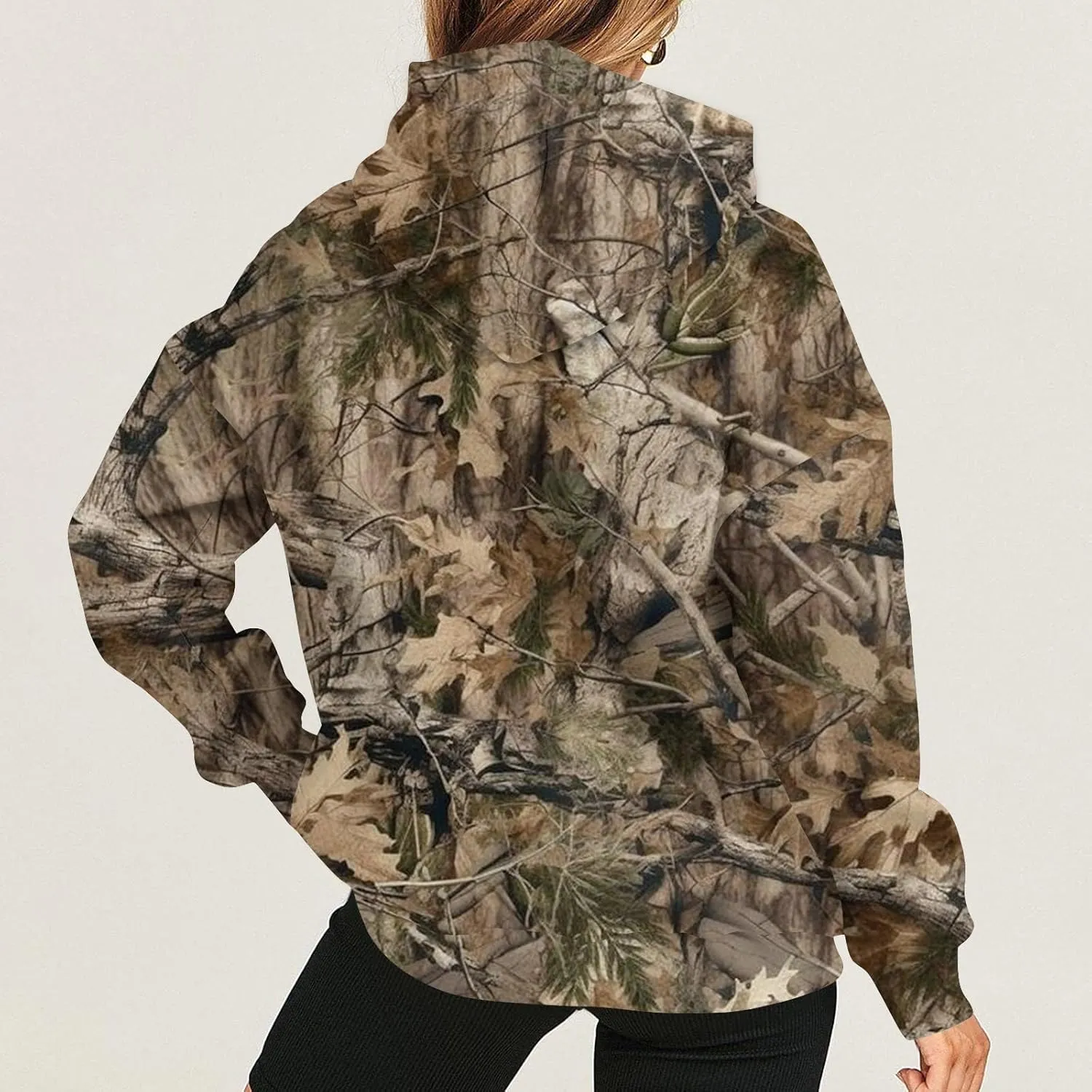 Women's Camo Hoodie Maple-Leaf Print Oversized Sweatshirt Fleece Hooded Sweatshirts with Pocket Classic Pullovers
