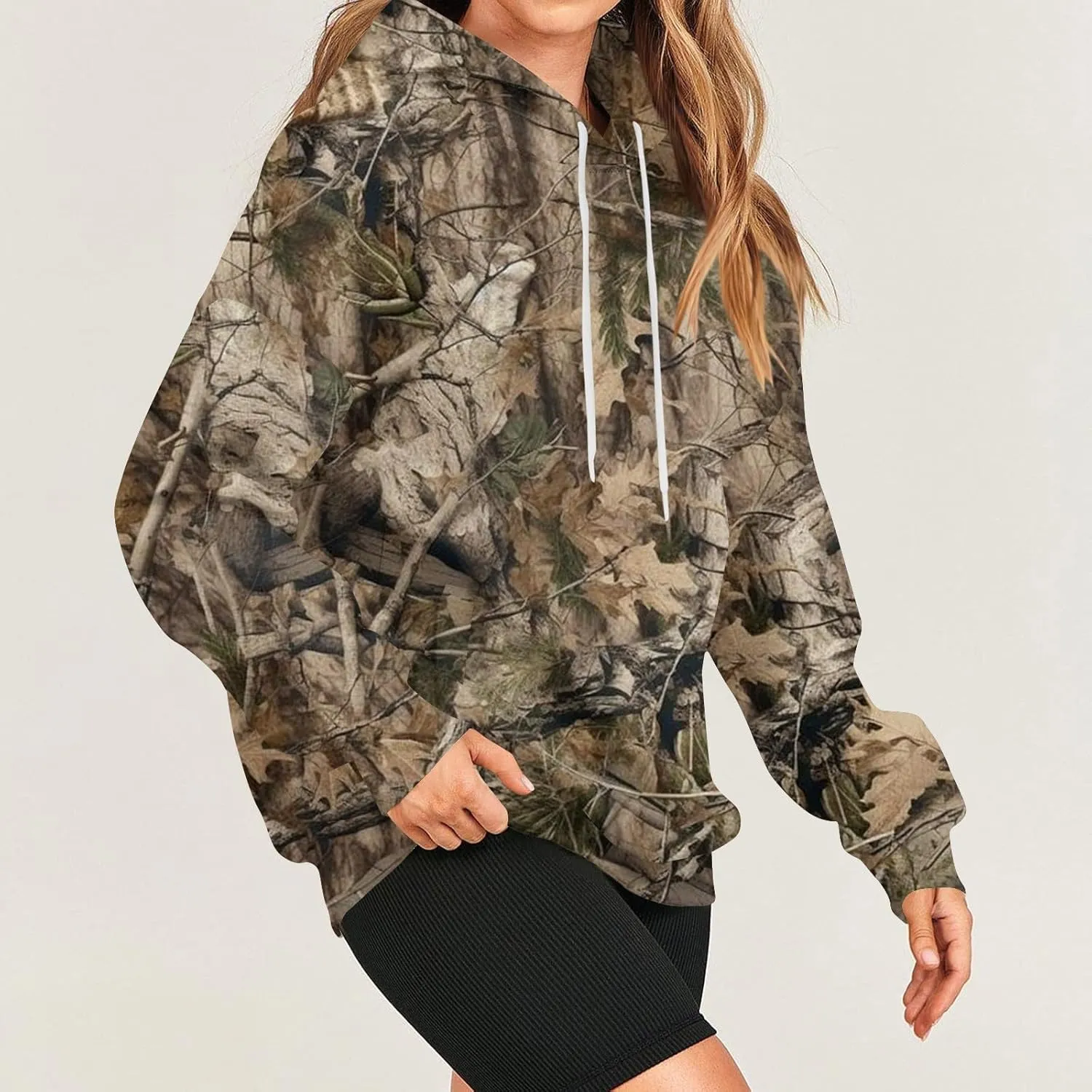 Women's Camo Hoodie Maple-Leaf Print Oversized Sweatshirt Fleece Hooded Sweatshirts with Pocket Classic Pullovers