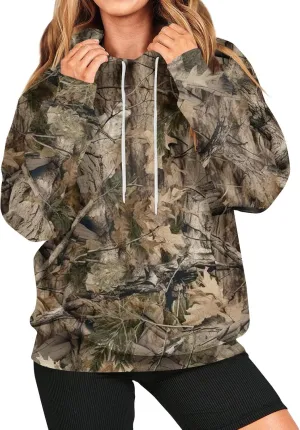 Women's Camo Hoodie Maple-Leaf Print Oversized Sweatshirt Fleece Hooded Sweatshirts with Pocket Classic Pullovers