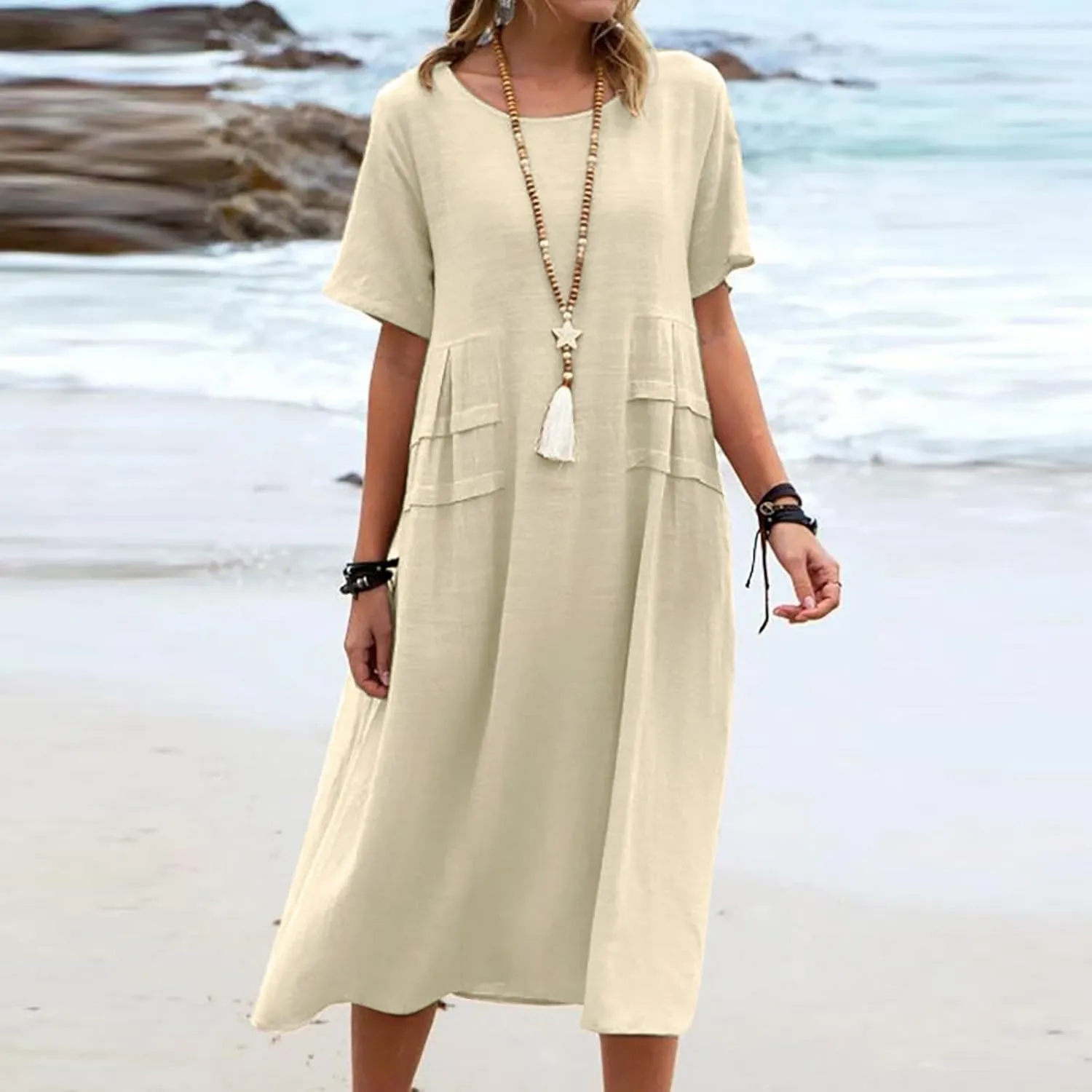 Women's Casual Cotton Linen Midi Dress Crew Neck Short Sleeve Summer Loose Fit Comfy Flowy Dresses Plus Size