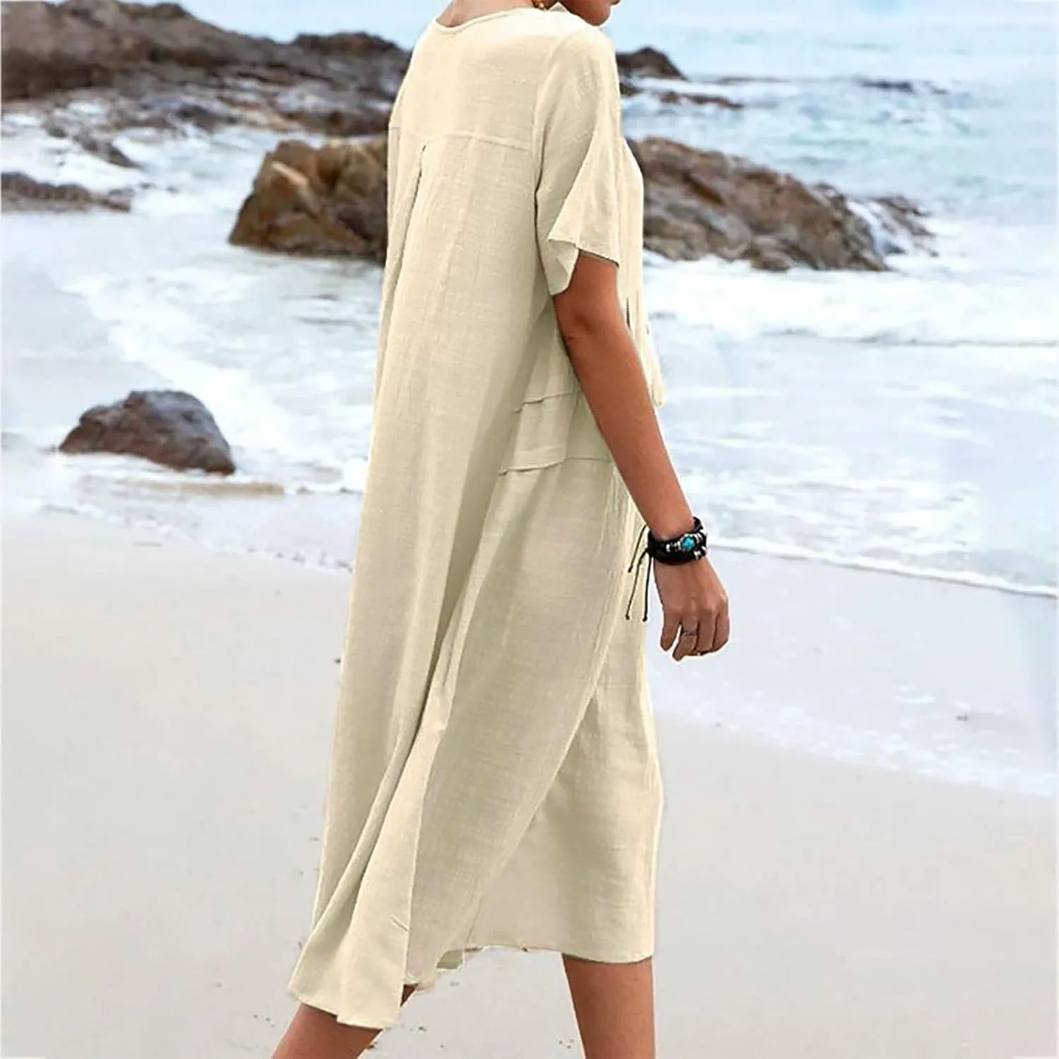Women's Casual Cotton Linen Midi Dress Crew Neck Short Sleeve Summer Loose Fit Comfy Flowy Dresses Plus Size