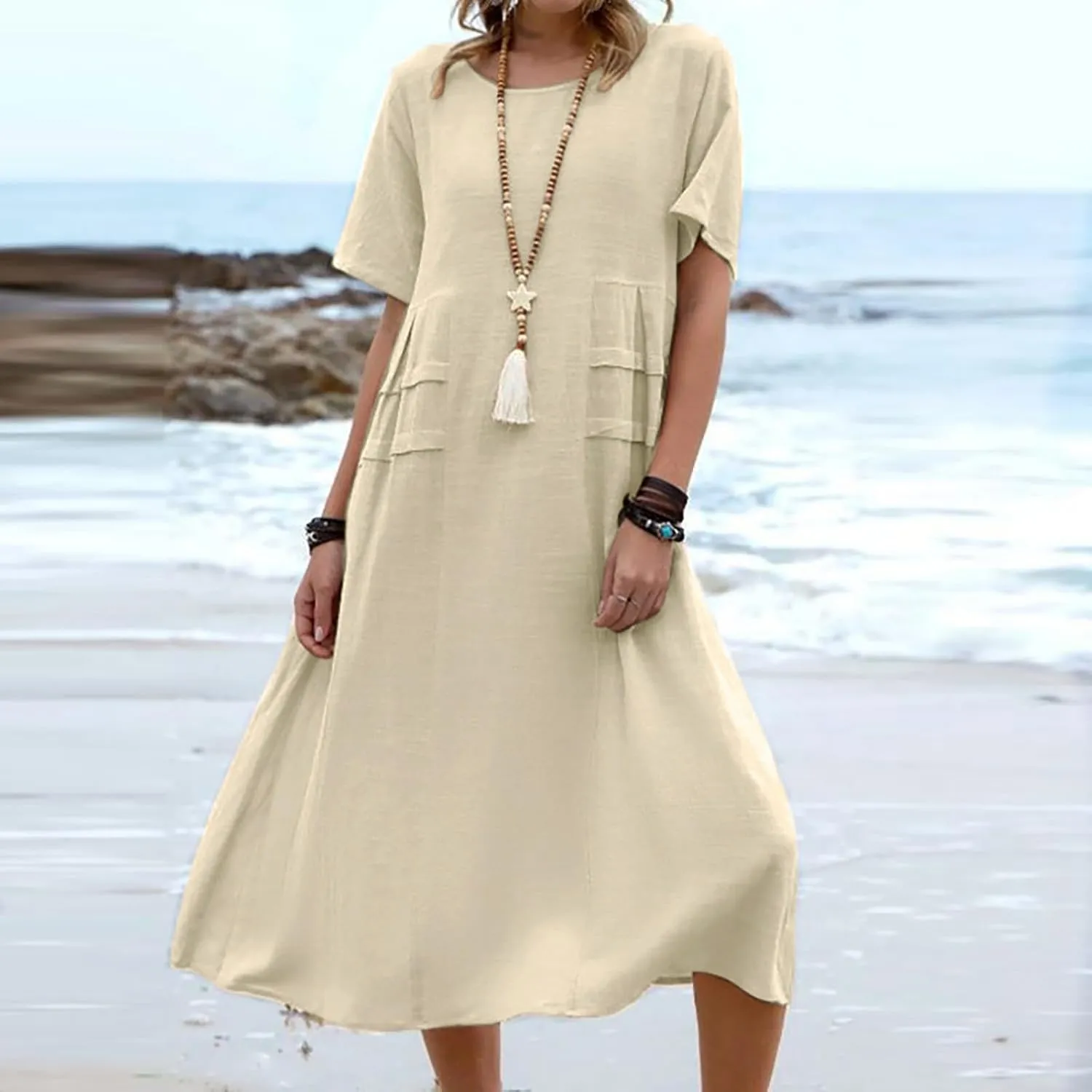 Women's Casual Cotton Linen Midi Dress Crew Neck Short Sleeve Summer Loose Fit Comfy Flowy Dresses Plus Size