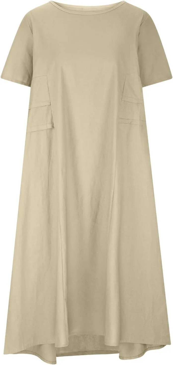 Women's Casual Cotton Linen Midi Dress Crew Neck Short Sleeve Summer Loose Fit Comfy Flowy Dresses Plus Size
