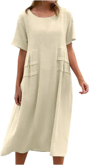 Women's Casual Cotton Linen Midi Dress Crew Neck Short Sleeve Summer Loose Fit Comfy Flowy Dresses Plus Size