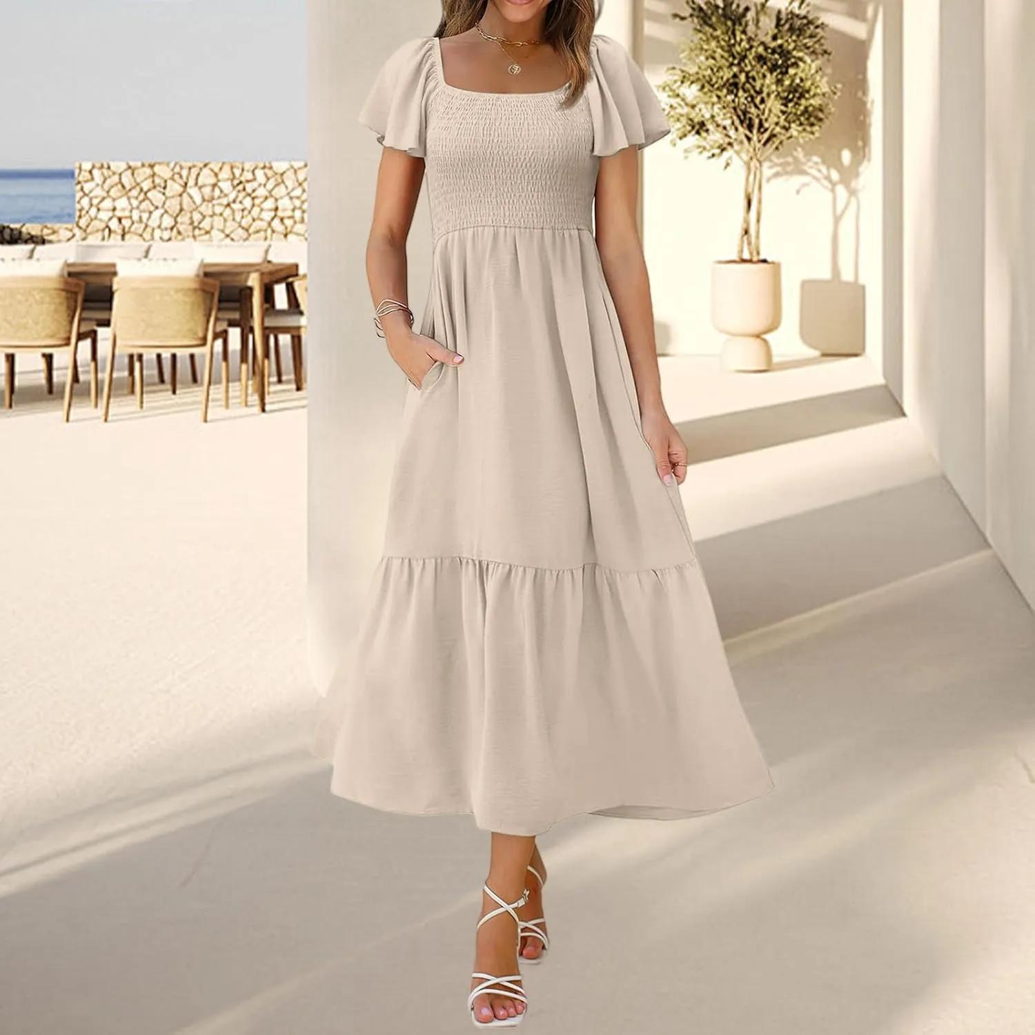 Womens Casual Summer Dress Square Neck Puff Sleeve Boho Midi Dress Swiss Dot Boho Flowy Sundress
