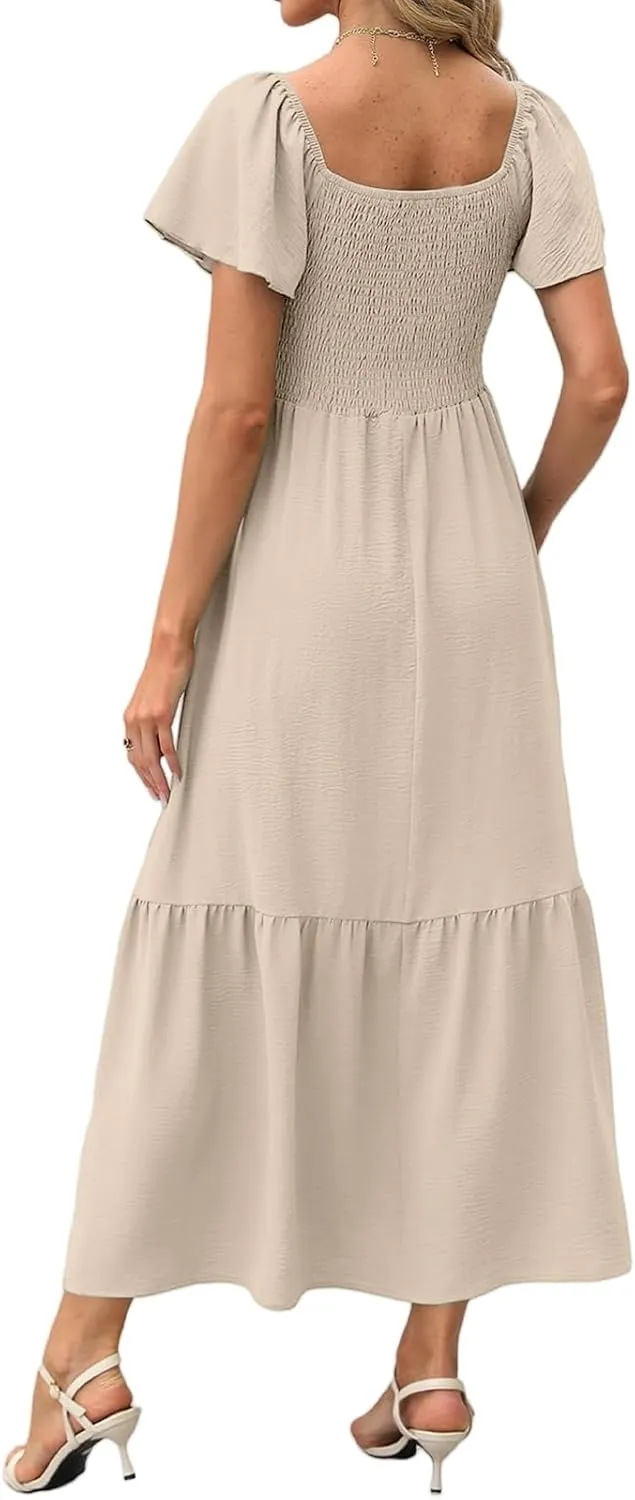 Womens Casual Summer Dress Square Neck Puff Sleeve Boho Midi Dress Swiss Dot Boho Flowy Sundress