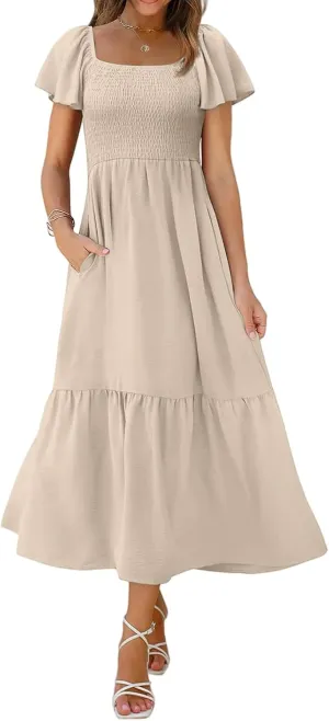 Womens Casual Summer Dress Square Neck Puff Sleeve Boho Midi Dress Swiss Dot Boho Flowy Sundress