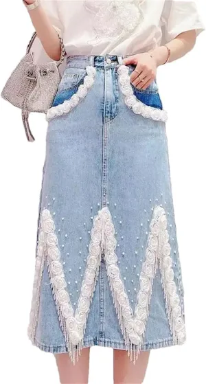Women's Casual Tassel Denim Skirt Autumn High Waisted Flower Jeans Skirts
