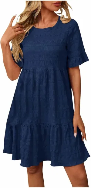 Women's Casual Tiered Dress Crew Neck Ruffle Short Sleeve Knee Length Sundress Swing Mini A-Line Dresses