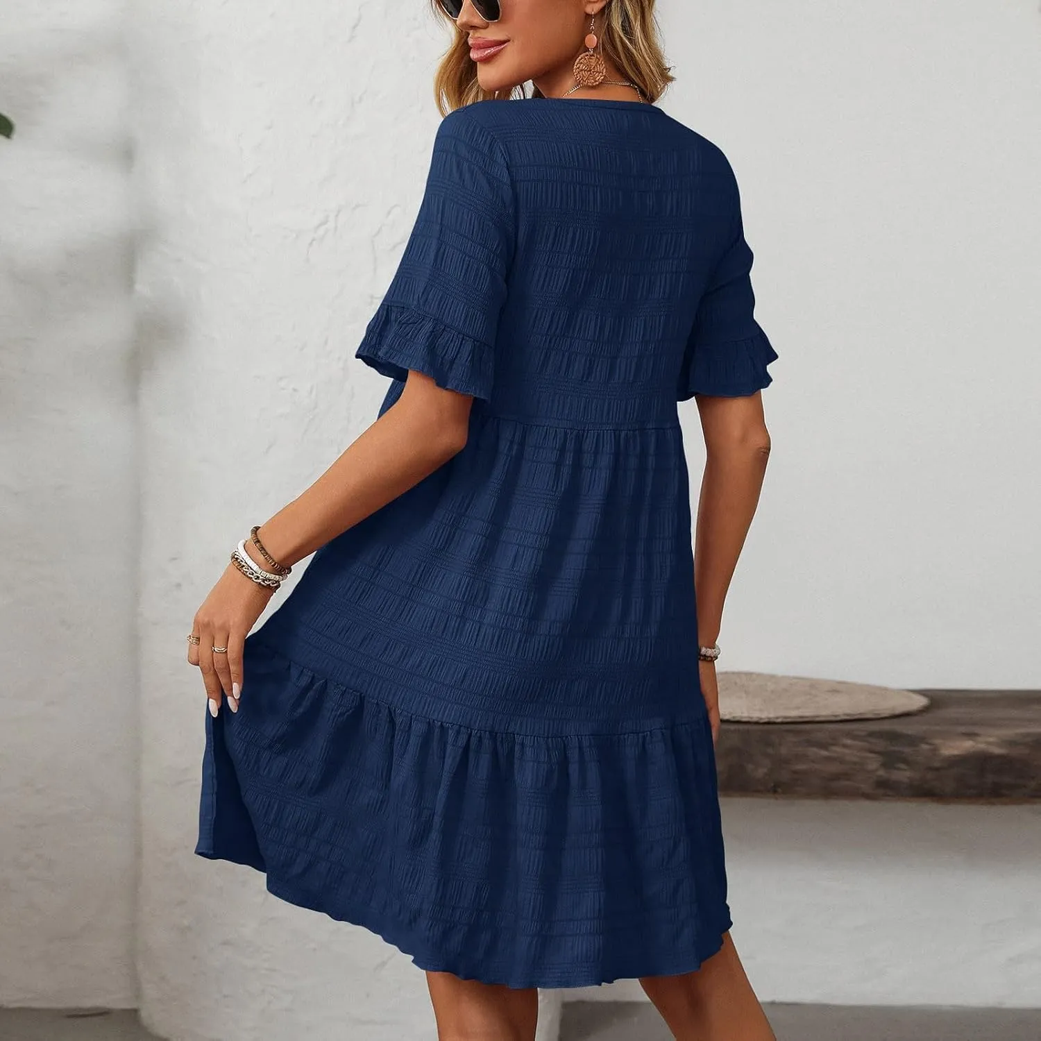 Women's Casual Tiered Dress Crew Neck Ruffle Short Sleeve Knee Length Sundress Swing Mini A-Line Dresses