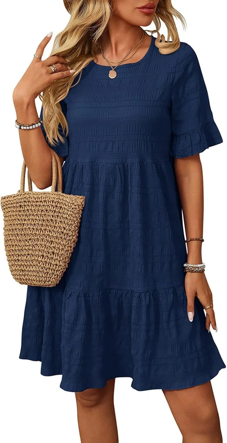 Women's Casual Tiered Dress Crew Neck Ruffle Short Sleeve Knee Length Sundress Swing Mini A-Line Dresses