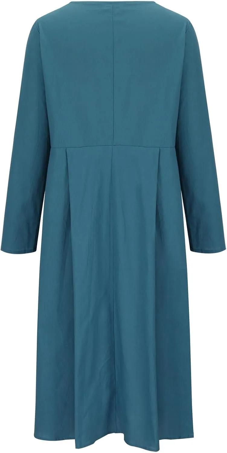 Women's Casual V Neck Button Down Cotton Linen Dress Long Sleeve Midi Length Loose Summer Beach Dresses with Pockets