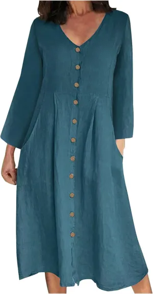 Women's Casual V Neck Button Down Cotton Linen Dress Long Sleeve Midi Length Loose Summer Beach Dresses with Pockets