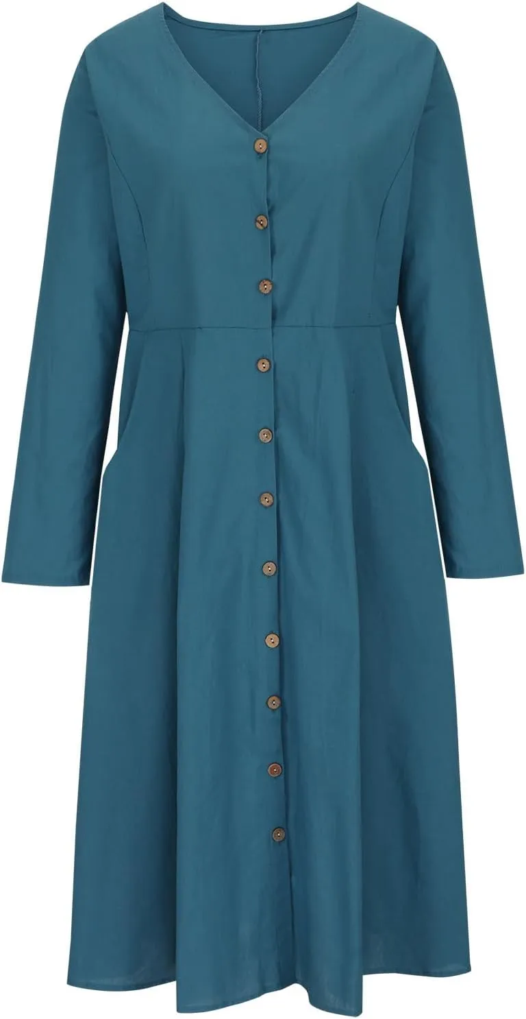 Women's Casual V Neck Button Down Cotton Linen Dress Long Sleeve Midi Length Loose Summer Beach Dresses with Pockets