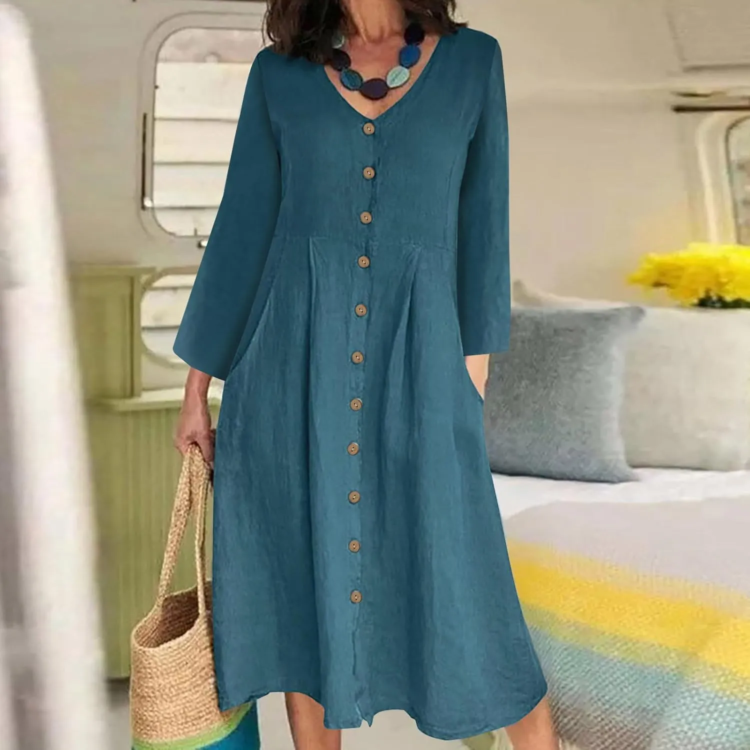 Women's Casual V Neck Button Down Cotton Linen Dress Long Sleeve Midi Length Loose Summer Beach Dresses with Pockets