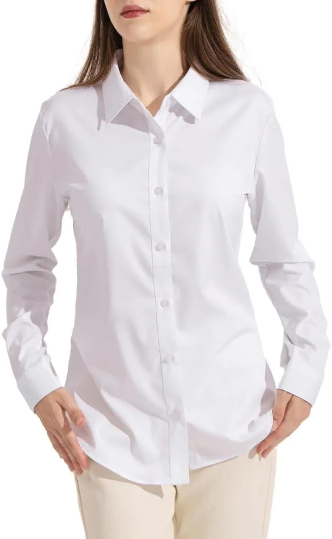 Womens Classic Fit Dress Shirt, White Button Down Shirt for Women, Wrinkle Free Collared Blouse, Dressy Casual Work Tops