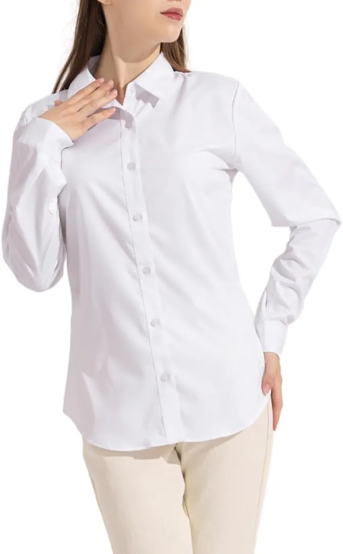 Womens Classic Fit Dress Shirt, White Button Down Shirt for Women, Wrinkle Free Collared Blouse, Dressy Casual Work Tops
