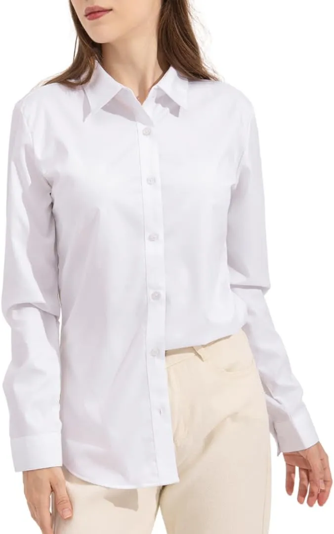 Womens Classic Fit Dress Shirt, White Button Down Shirt for Women, Wrinkle Free Collared Blouse, Dressy Casual Work Tops