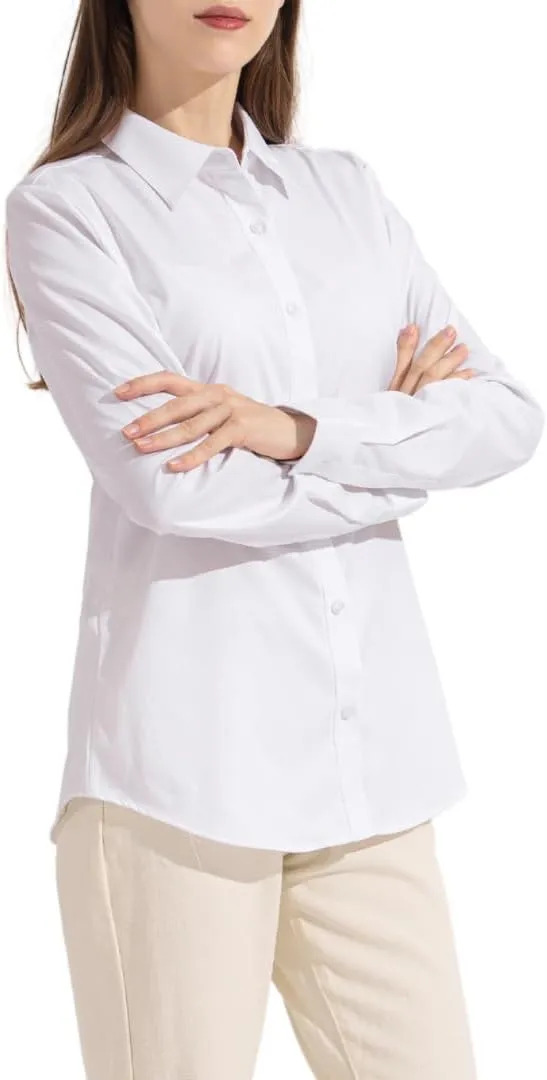 Womens Classic Fit Dress Shirt, White Button Down Shirt for Women, Wrinkle Free Collared Blouse, Dressy Casual Work Tops