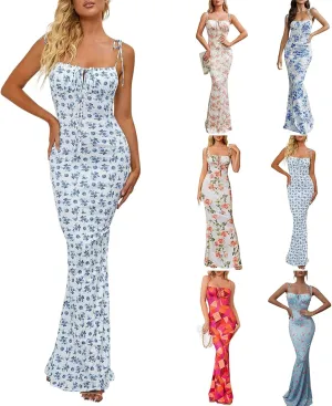 Womens Corset Floral Maxi Dress Elegant Spaghetti Strap Bustier Bodycon Dresses Cottagecore Summer Boho Beach Dresses