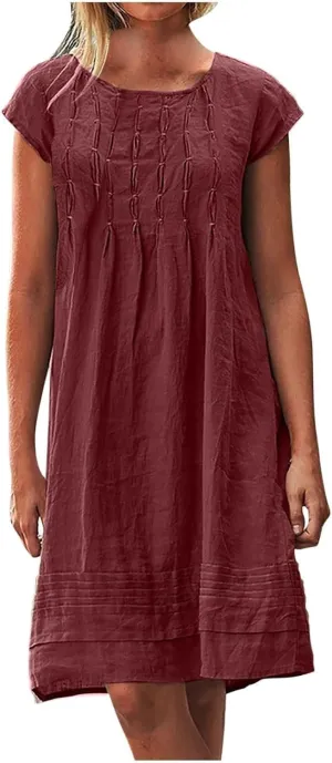 Women's Cotton Linen Midi Dress Plus Size Cap Sleeve Pleated Summer Dresses Vacation 2025 Crew Neck Casual Dress