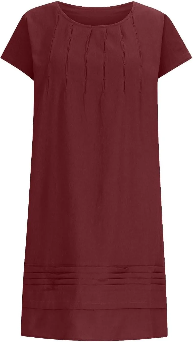 Women's Cotton Linen Midi Dress Plus Size Cap Sleeve Pleated Summer Dresses Vacation 2025 Crew Neck Casual Dress
