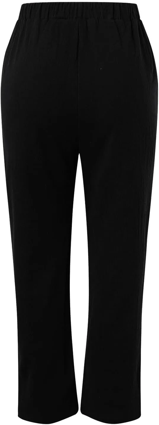 Womens Cotton Linen Pants Hight Elastic Waist Drawstring Straight Leg Summer 2025 Trendy Beach Yoga Trousers with Pockets