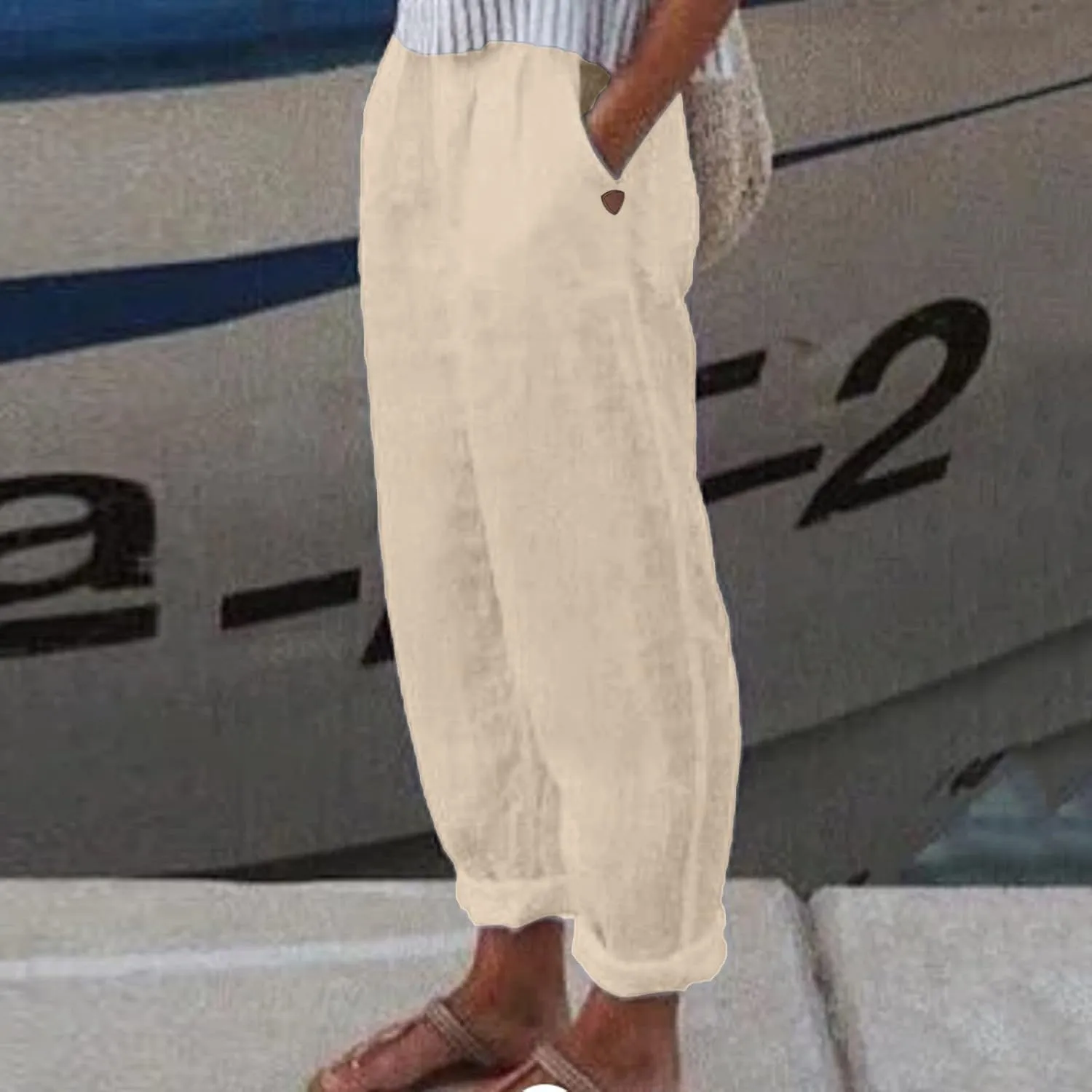 Womens Cotton Linen Pants Hight Elastic Waist Drawstring Straight Leg Summer 2025 Trendy Beach Yoga Trousers with Pockets