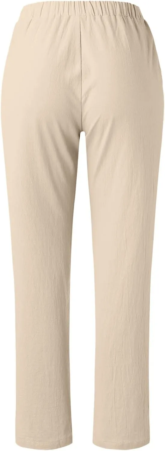 Womens Cotton Linen Pants Hight Elastic Waist Drawstring Straight Leg Summer 2025 Trendy Beach Yoga Trousers with Pockets