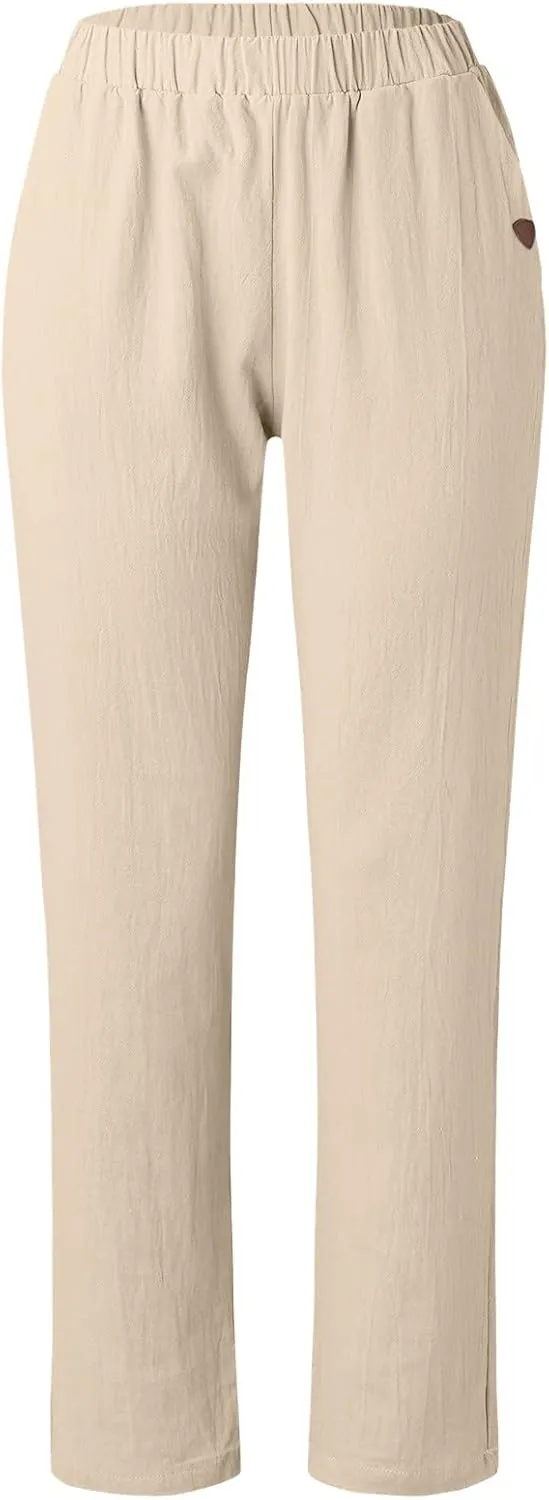 Womens Cotton Linen Pants Hight Elastic Waist Drawstring Straight Leg Summer 2025 Trendy Beach Yoga Trousers with Pockets