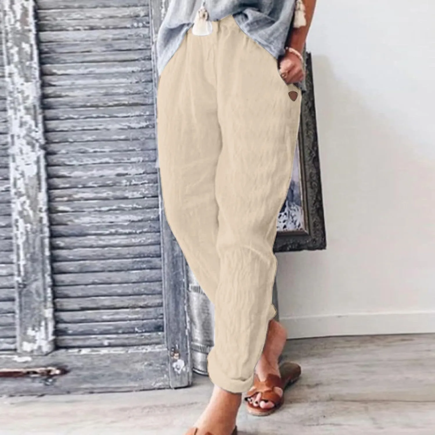 Womens Cotton Linen Pants Hight Elastic Waist Drawstring Straight Leg Summer 2025 Trendy Beach Yoga Trousers with Pockets