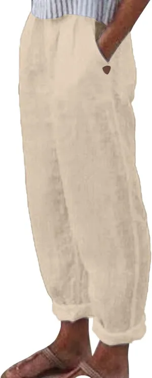 Womens Cotton Linen Pants Hight Elastic Waist Drawstring Straight Leg Summer 2025 Trendy Beach Yoga Trousers with Pockets