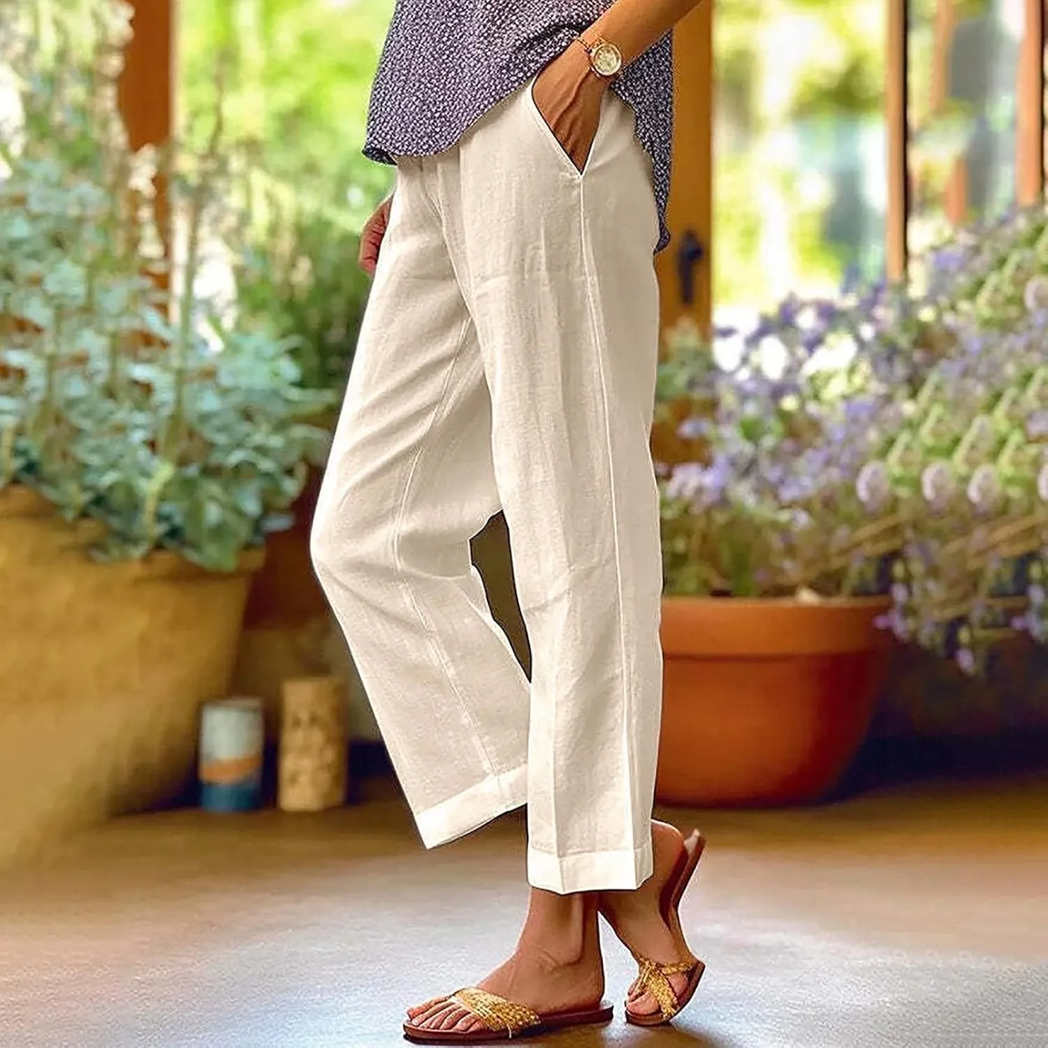 Womens Cotton Linen Pants Straight Leg Solid Color Elastic Waist Lightweight Beach Pants Summer Thin Workout Relaxed Trousers