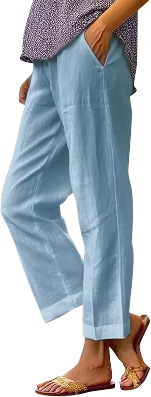 Womens Cotton Linen Pants Straight Leg Solid Color Elastic Waist Lightweight Beach Pants Summer Thin Workout Relaxed Trousers
