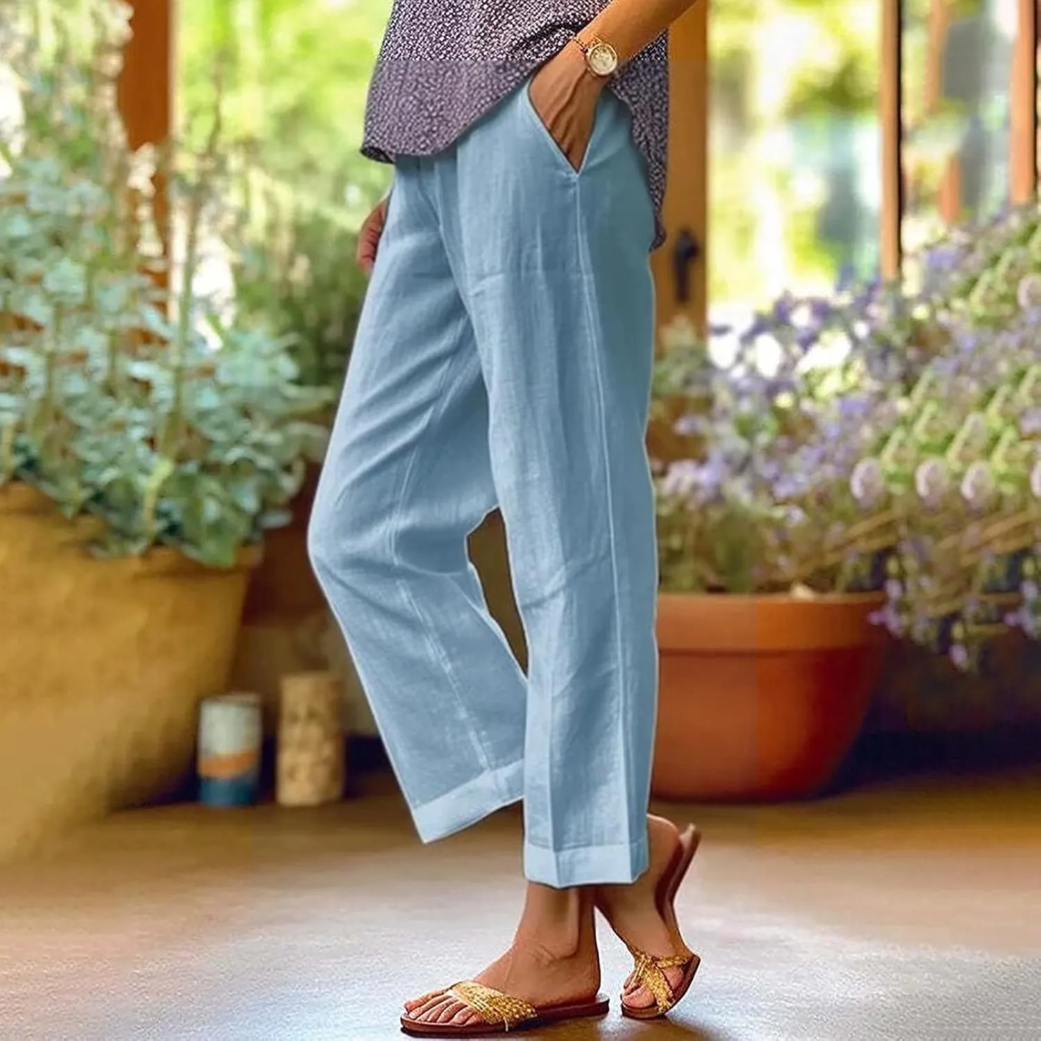 Womens Cotton Linen Pants Straight Leg Solid Color Elastic Waist Lightweight Beach Pants Summer Thin Workout Relaxed Trousers