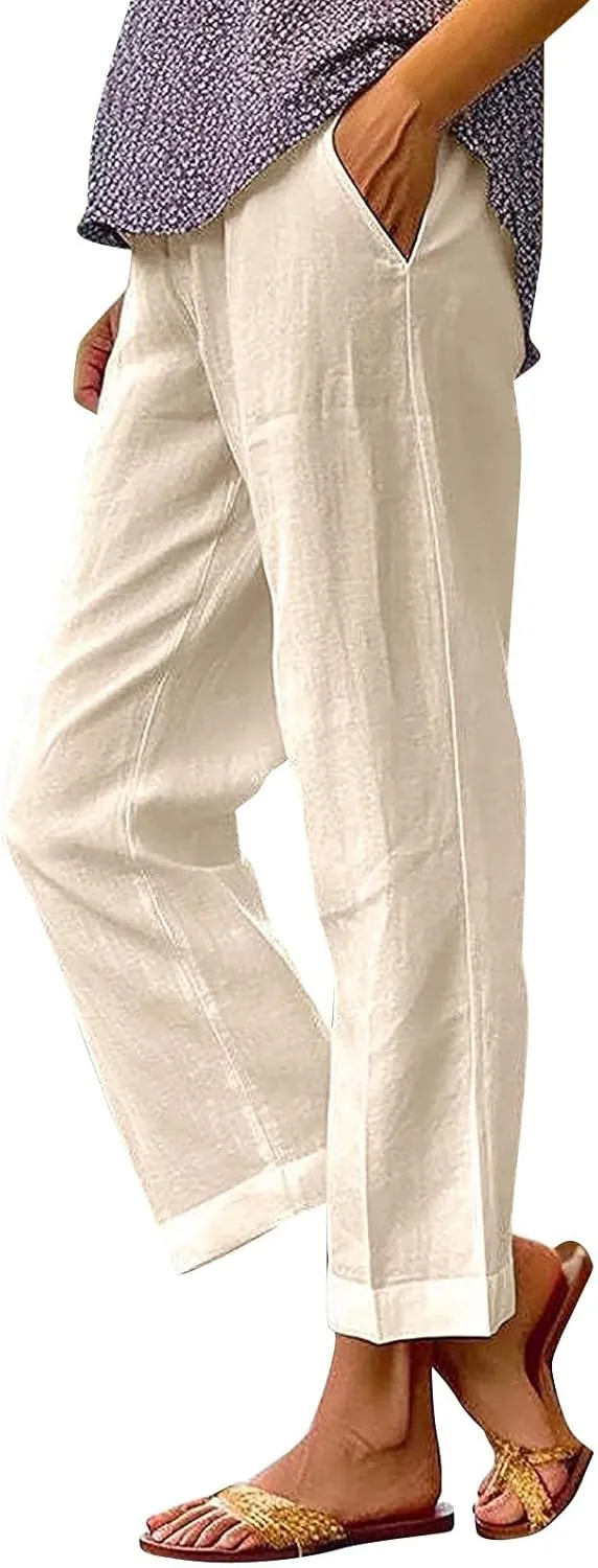 Womens Cotton Linen Pants Straight Leg Solid Color Elastic Waist Lightweight Beach Pants Summer Thin Workout Relaxed Trousers